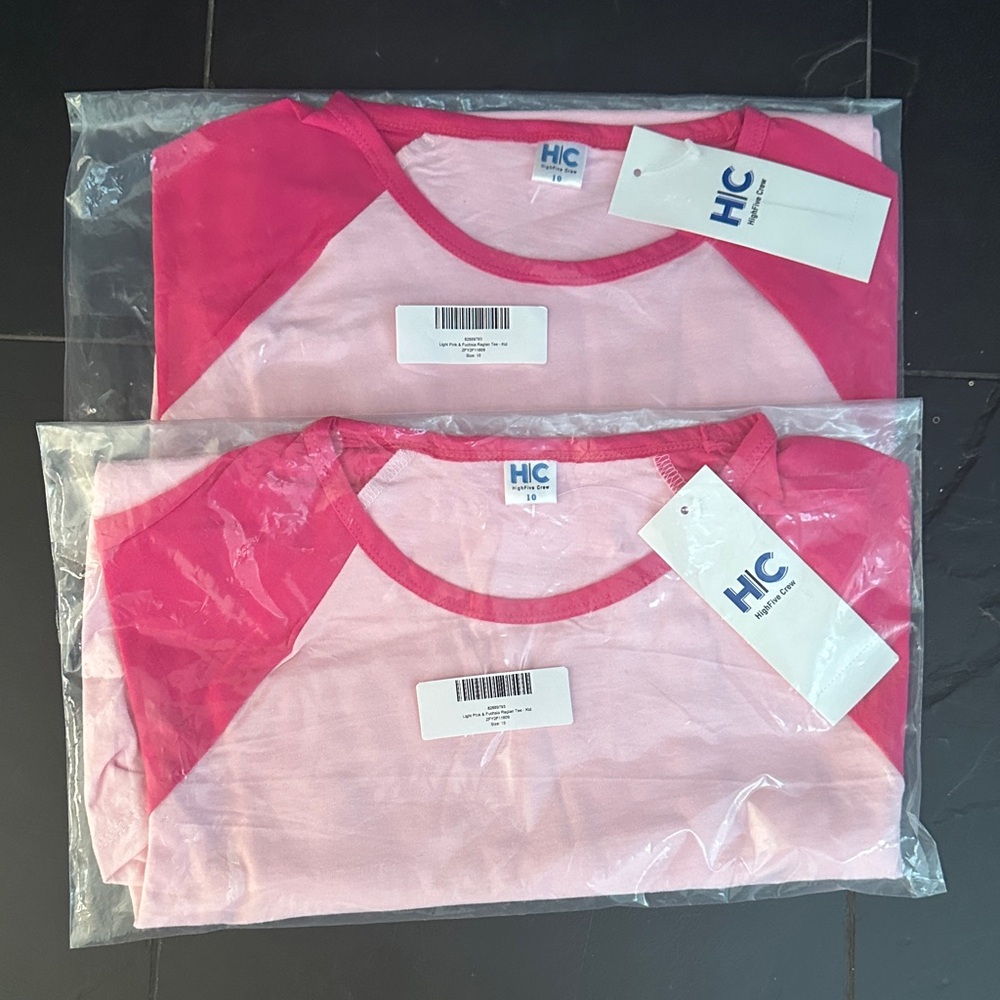 High Five Crew light pink & fuchsia Raglan T. Size 10. Set of 2. NWT.